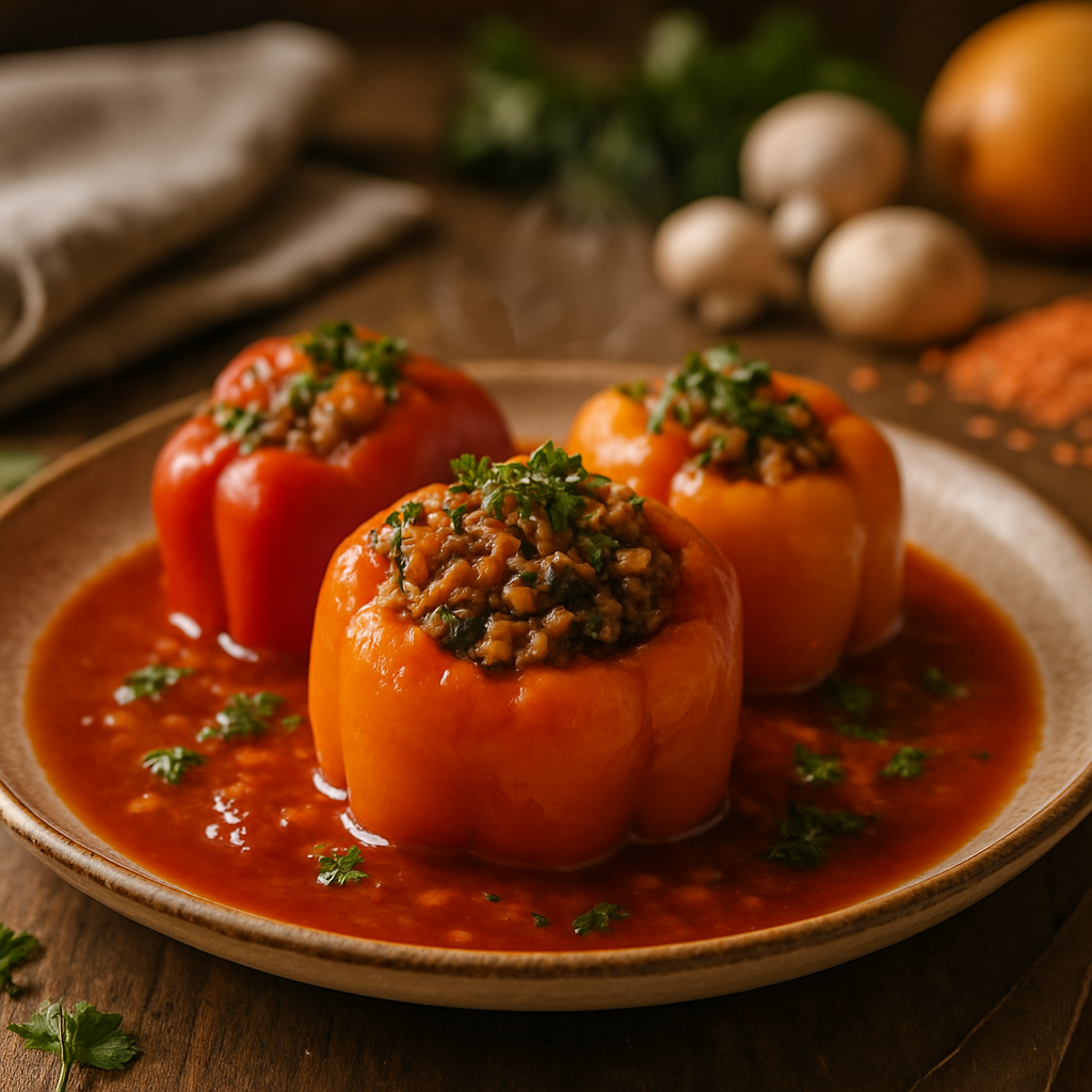 Ardei umpluți vegani cu orez, ciuperci și linte roșie în sos de roșii