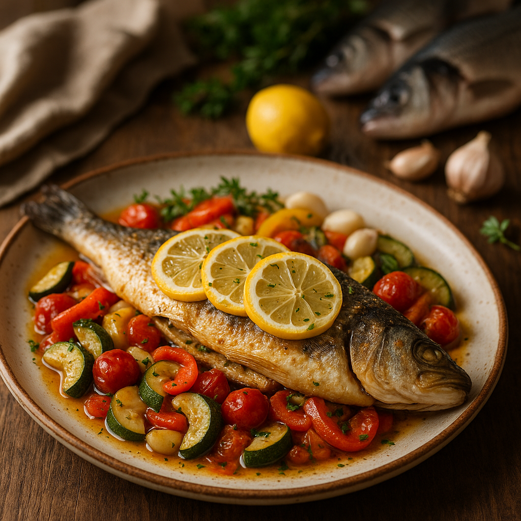 Biban de mare la cuptor cu lămâie, usturoi și legume mediteraneene