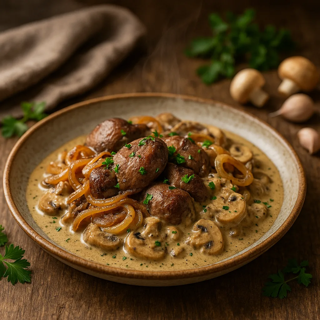 Ficăței de pui cu ceapă caramelizată și sos cremos de ciuperci, variantă low-carb