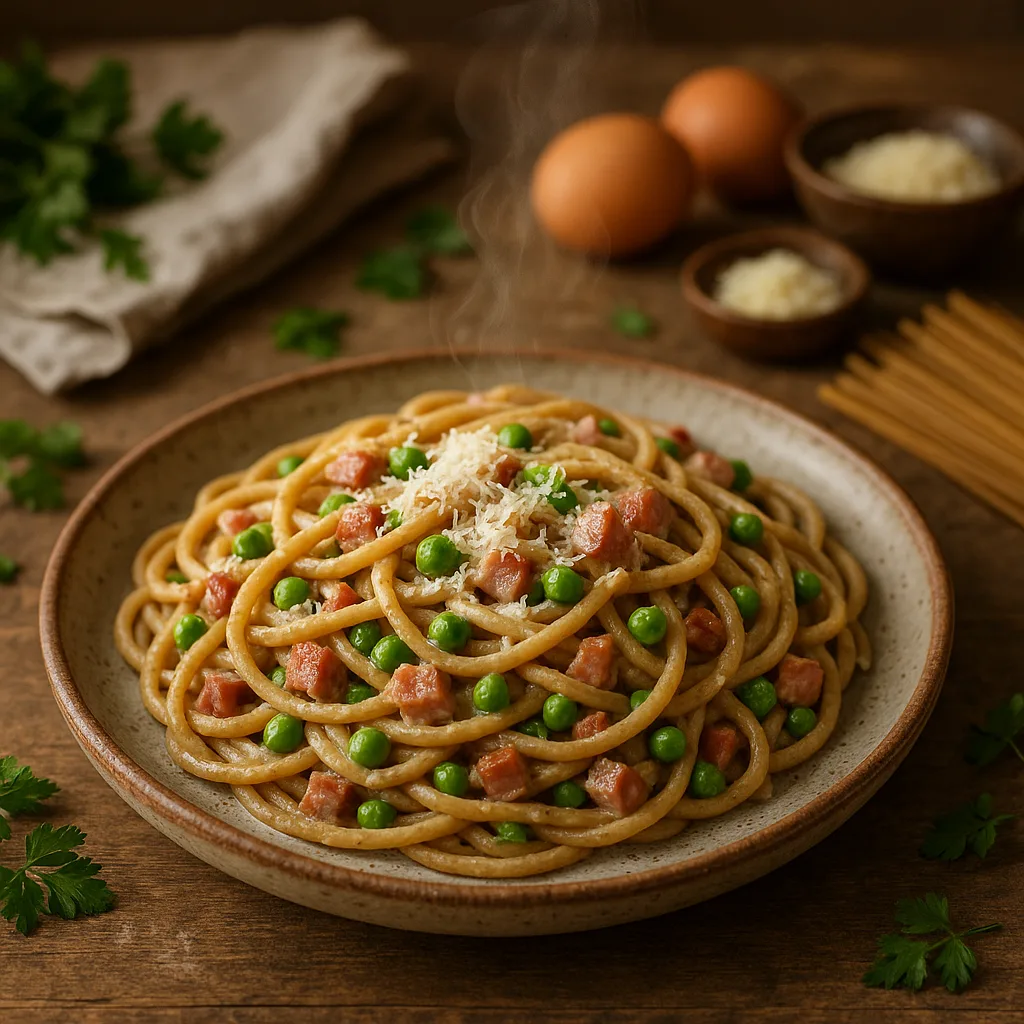 Paste carbonara mai sănătoase, cremoase, fără smântână, cu pancetta și mazăre