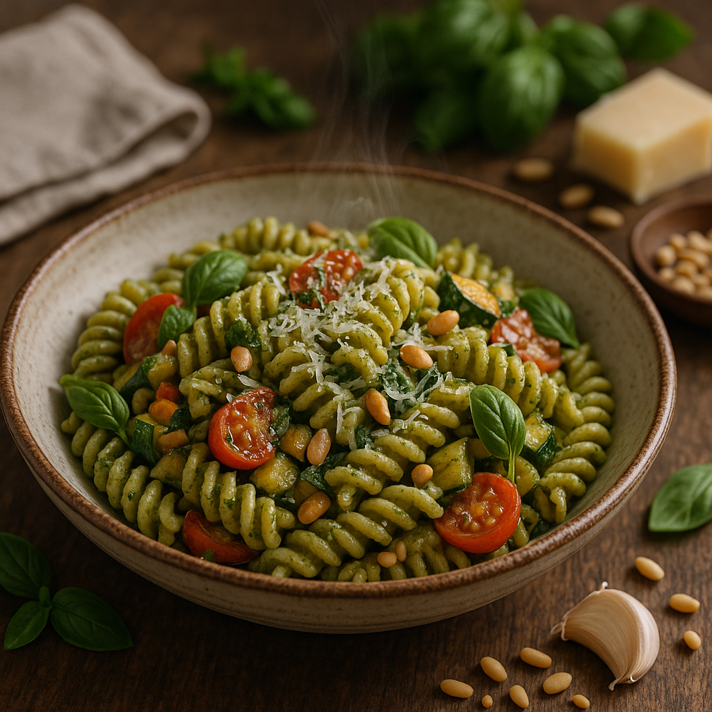 Paste cu pesto de busuioc și legume, versiune echilibrată
