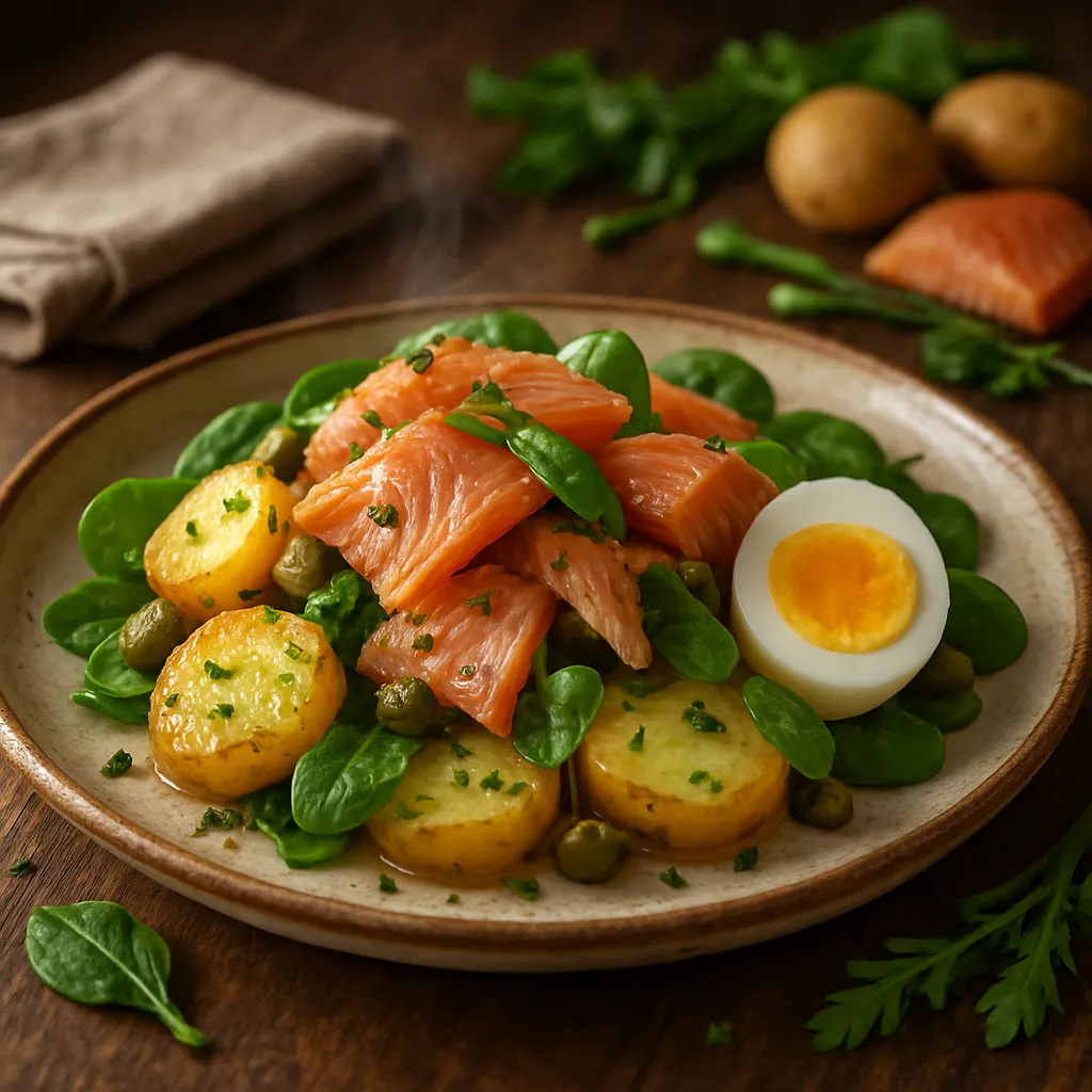 Salată caldă de cartofi cu somon afumat