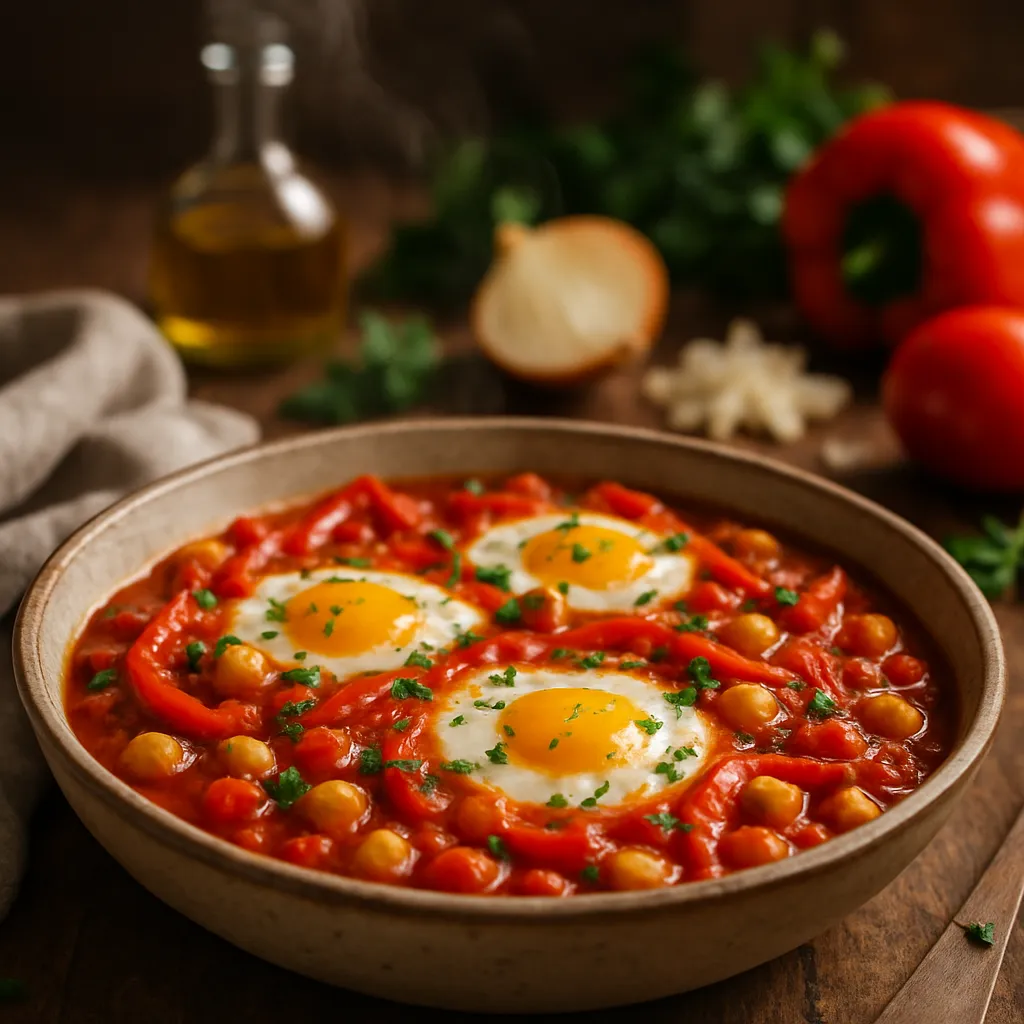 Shakshuka cu ouă și năut, sos bogat de roșii și ardei